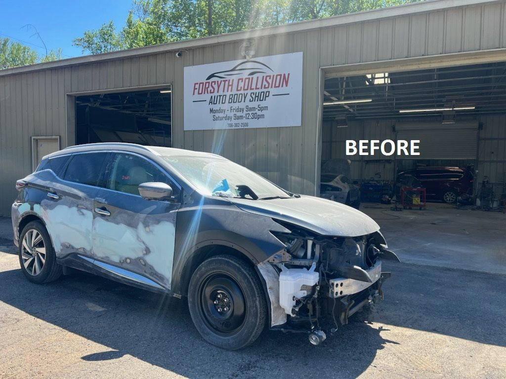 Damaged gray SUV in front of an auto body shop, labeled “Before”