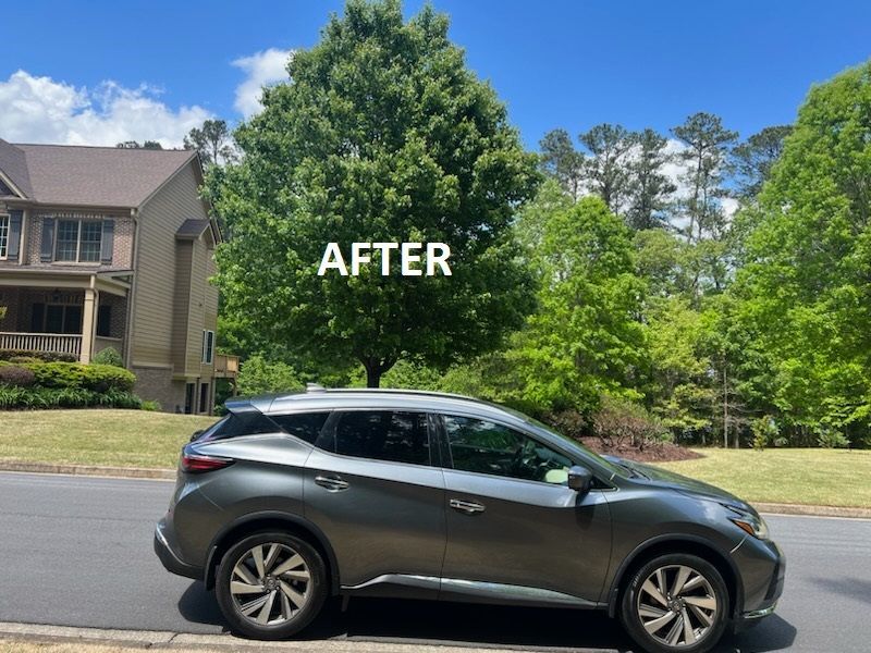 Gray SUV parked on a suburban street in front of a house and trees, with “AFTER” text above
