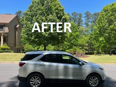 Silver SUV parked on a suburban street with “AFTER” text overlaid, trees and houses in the background