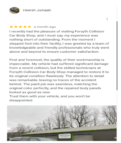 Screenshot of a glowing 5-star review and storefront photo for Fostey Collision, with a white building and trees.