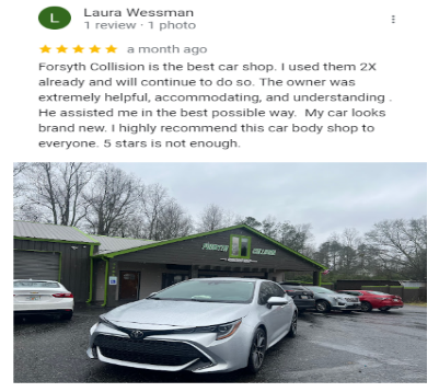 Gray sedan parked outside a green auto body shop on a cloudy day, with a 5-star review above.