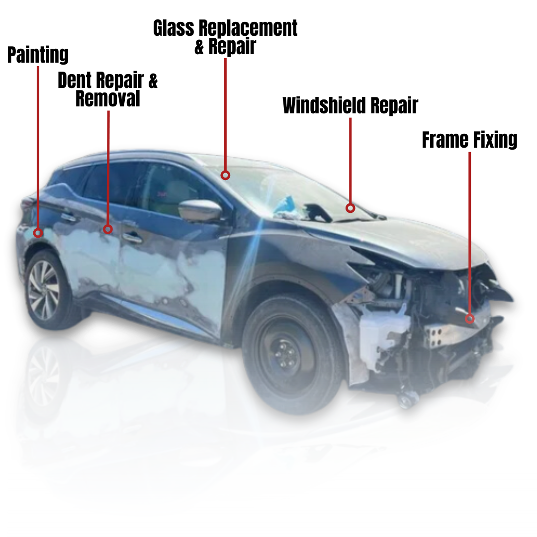 Damaged blue car labeled for painting, dent repair, glass replacement, windshield repair, and frame fixing