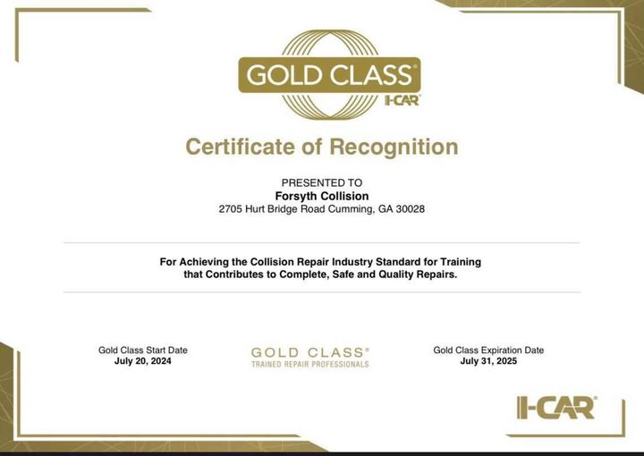 Gold Class IFA recognition certificate with gold accents on a white background