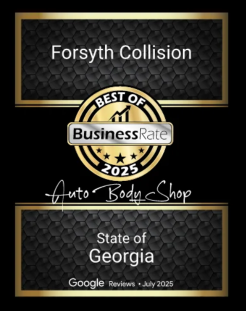 Forsyth Collision award graphic with “Best of BusinessRate 2025” and Georgia Google Reviews badge
