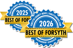 Blue-and-gold “Best of Forsyth” award badges for 2025 and 2026, Readers’ Choice
