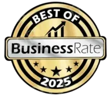 BusinessRate “Best of 2025” gold badge with black accents and star icons
