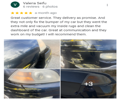 Car detailing review with before-and-after photos of a black car’s cleaned bumper and headlight.