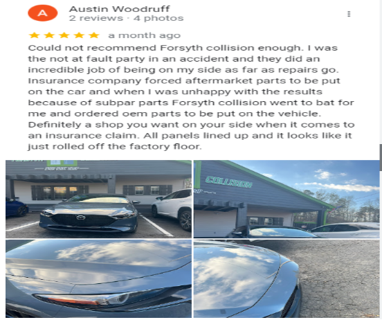 Google review post showing a black car and a business storefront, praising collision repair and wheel work.