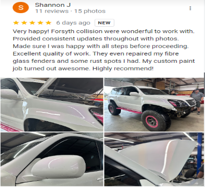 Screenshot of a car detailing review with four photos of a white truck's finished paint and glossy black accents