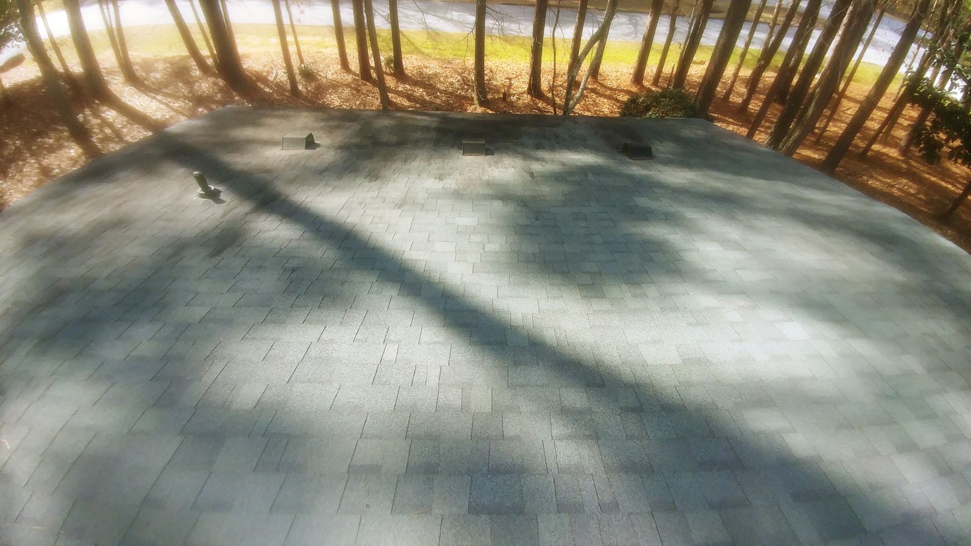 A roof with a lot of trees in the background and a shadow of a tree on it.