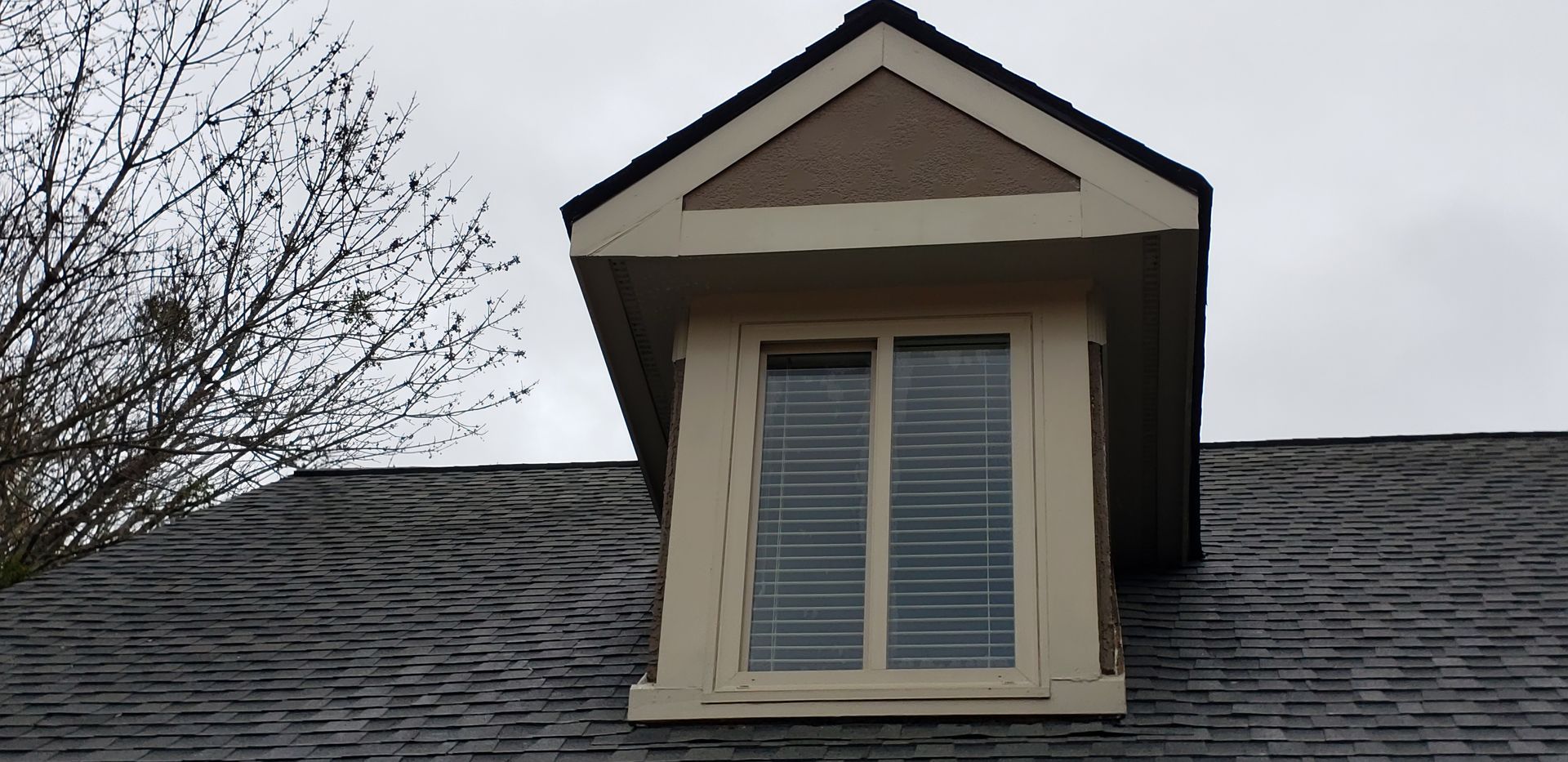 A window on the roof of a house with a tree in the background.