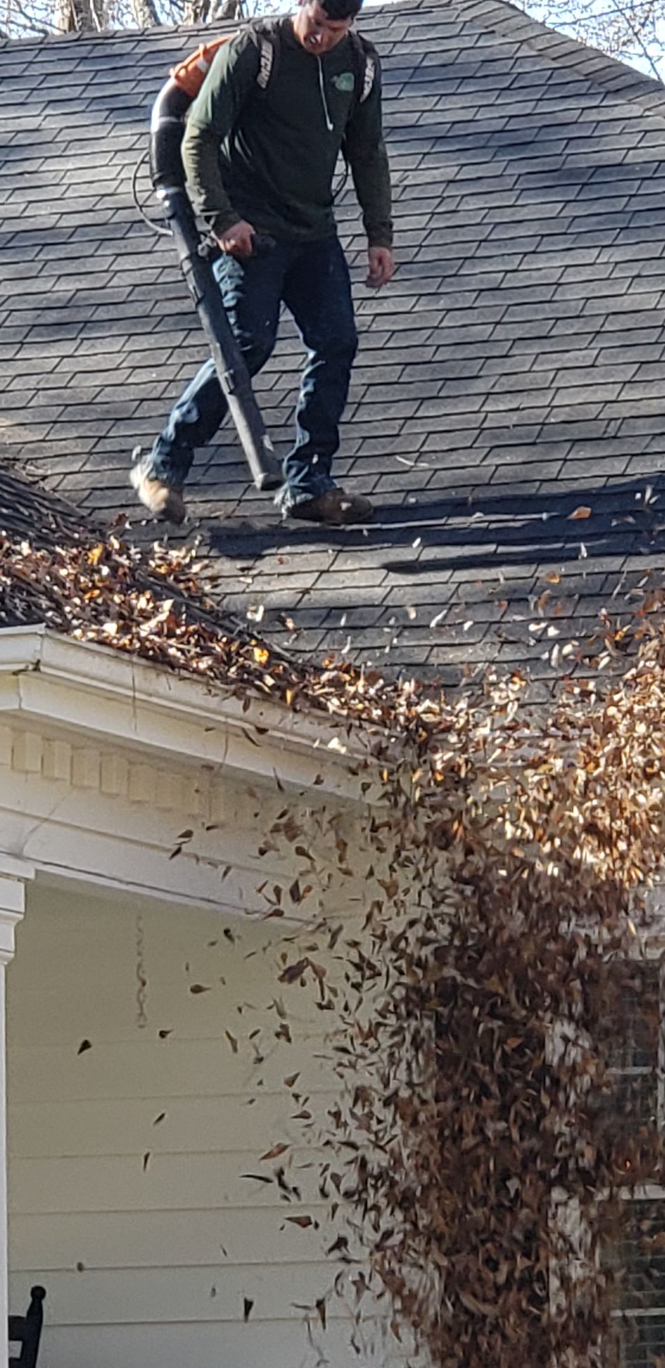 A man is blowing leaves off the roof of a house.