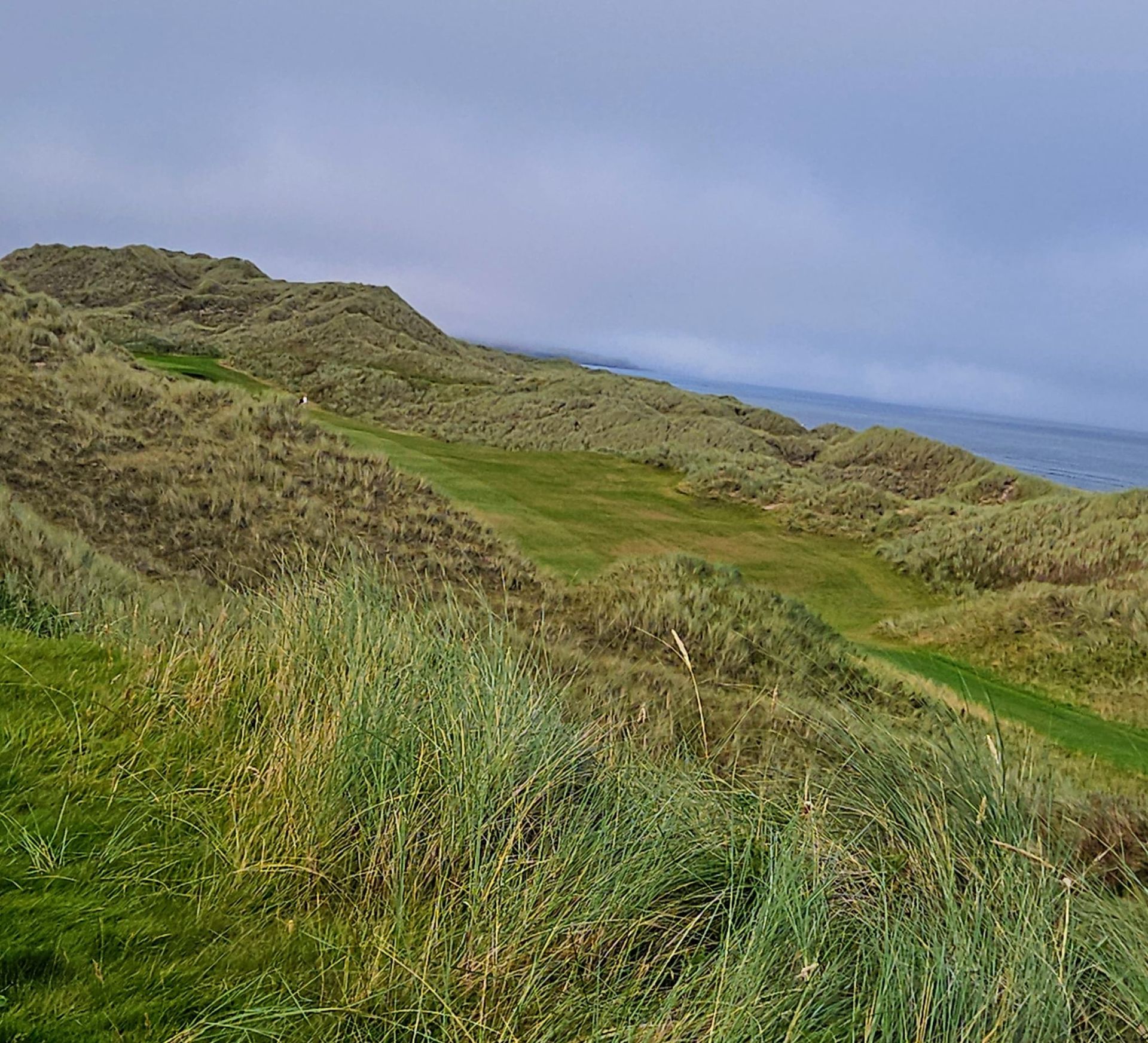 Golf bag on grassy dunes with a Scottish flag and the sea in the background
