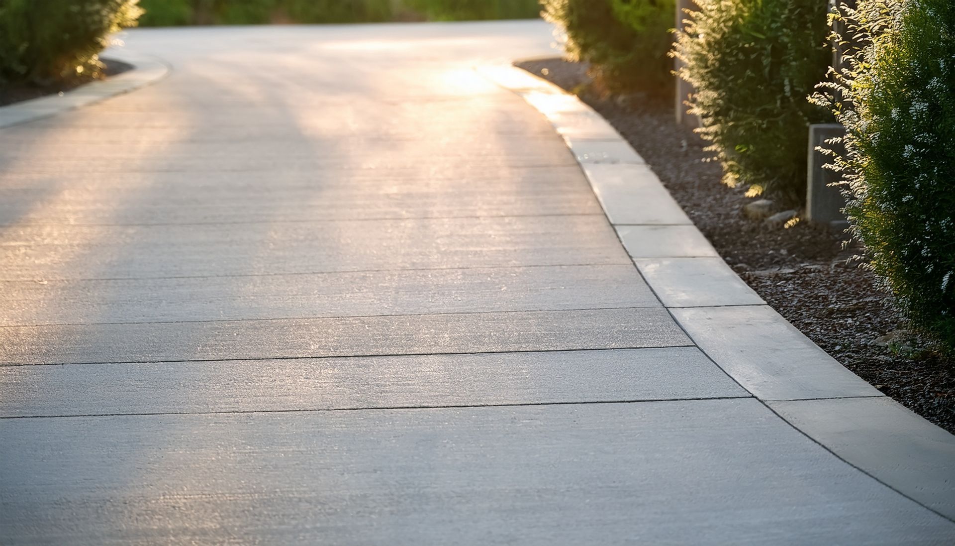 Curving concrete driveway bordered by trimmed hedges in warm sunlight