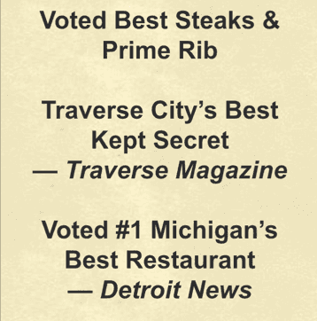 Text ad praising steaks and prime rib as Traverse City and Michigan’s best-kept secret.