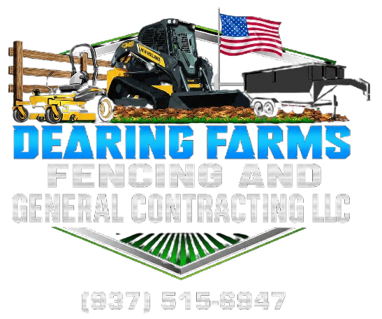 Logo for Dearing Farms General Contracting: Tractor, trailer, American flag, phone number.