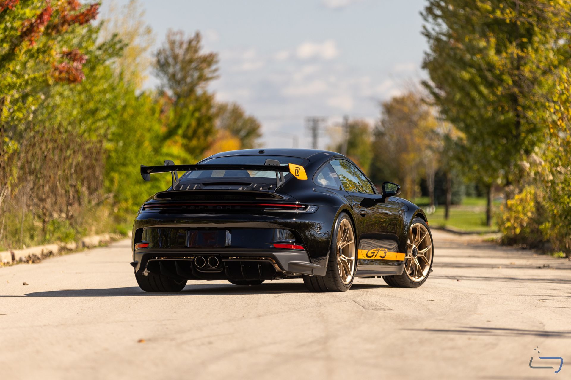 Black sports car on a tree-lined road, rear view with a large spoiler.