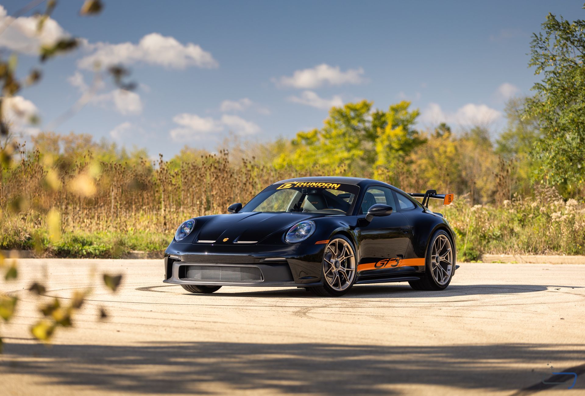Black sports car parked on a sunlit road with trees and brush in the background.
