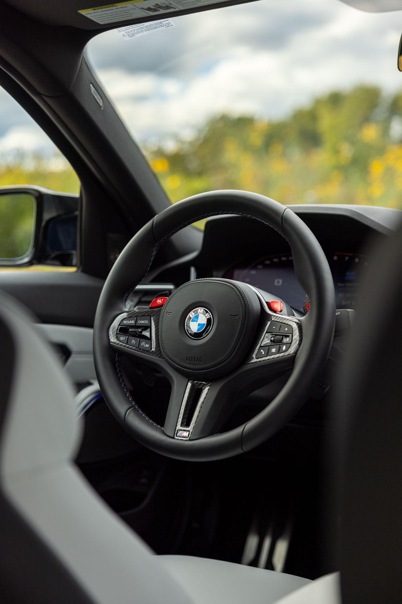 BMW steering wheel and dashboard inside a car, with blurred yellow flowers outside the window