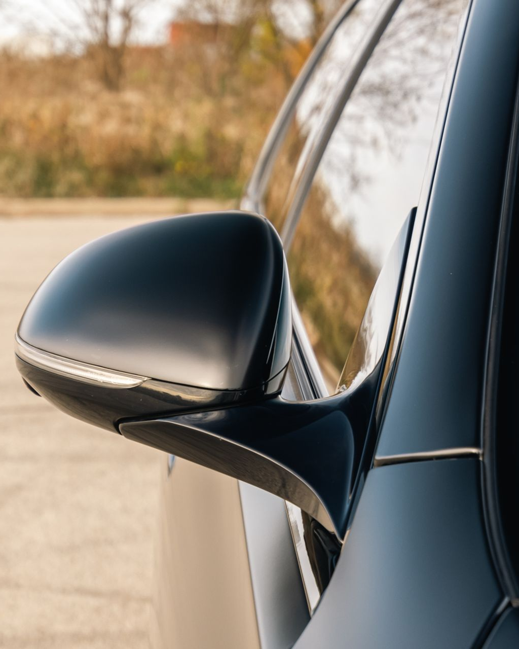 Black car side mirror on a parked vehicle outdoors, with a blurred roadside background