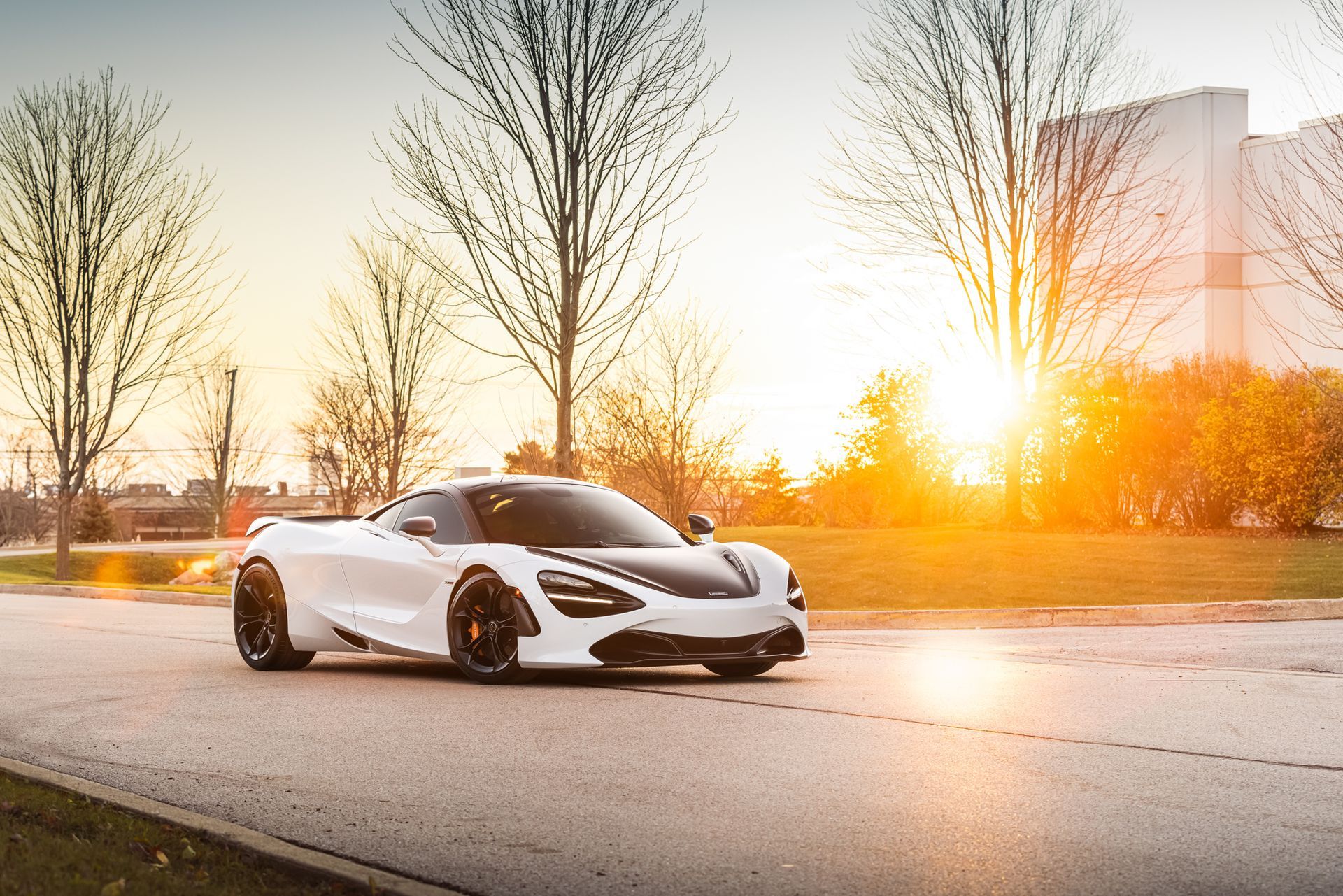 White sports car parked on a road at sunset, with bare trees and bright sun flare in the background