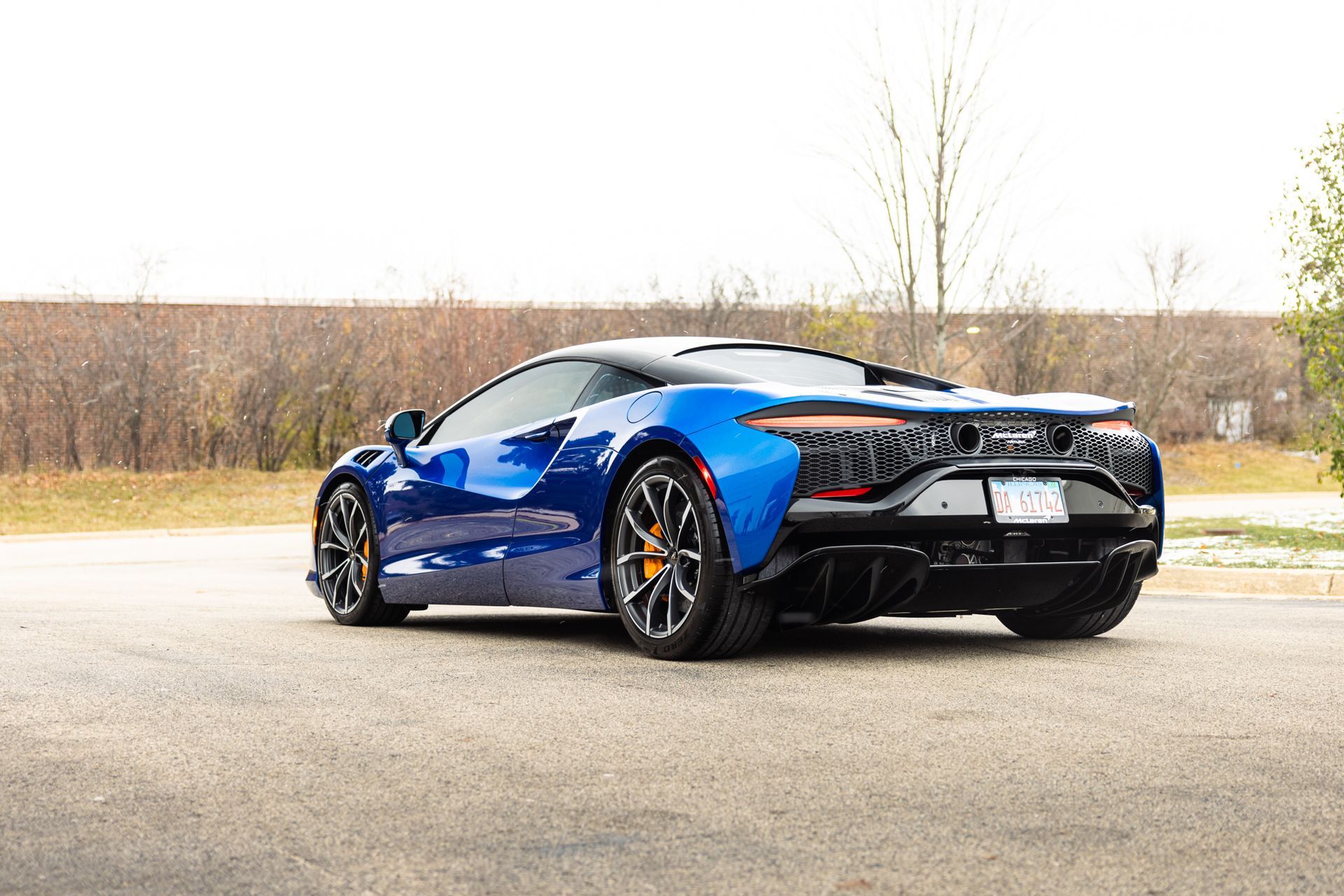 Blue sports car parked on a road, rear view, with a blurred field and trees in the background.