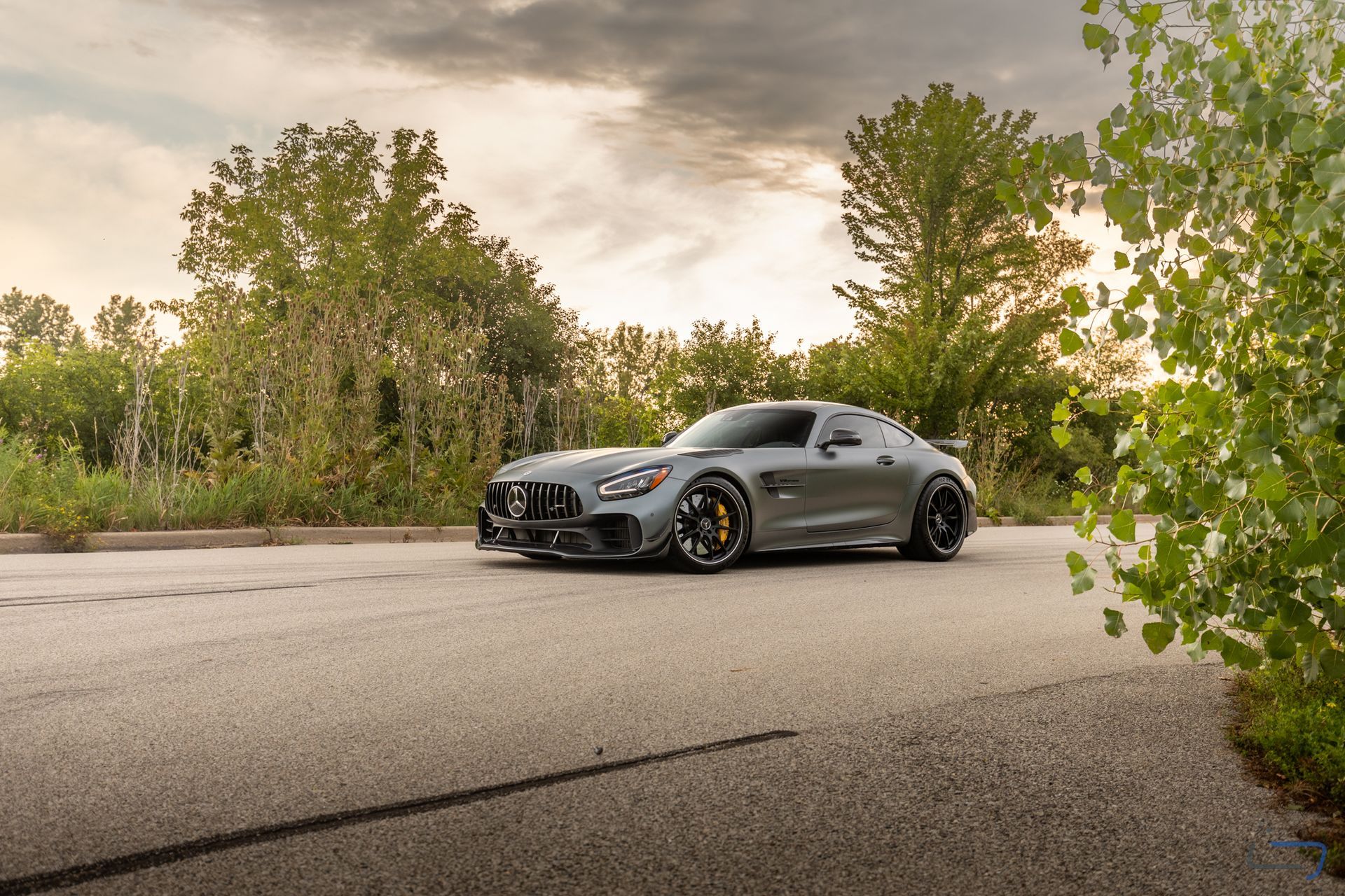 Gray sports car parked on a road beside trees under a cloudy sky