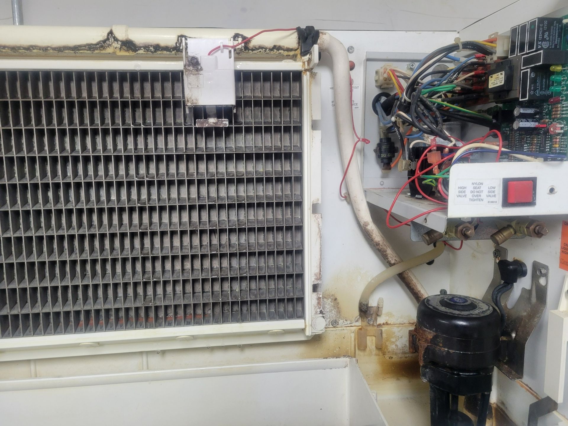 Interior view of an ice machine showing a dirty evaporator grid, wiring, a red power switch, and a black motor pump.