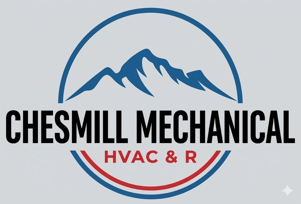 Logo for Chesmill Mechanical HVAC & R featuring a mountain illustration inside a circular blue and red frame.