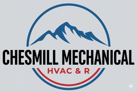Logo for Chesmill Mechanical HVAC & R featuring a mountain illustration inside a circular blue and red frame.