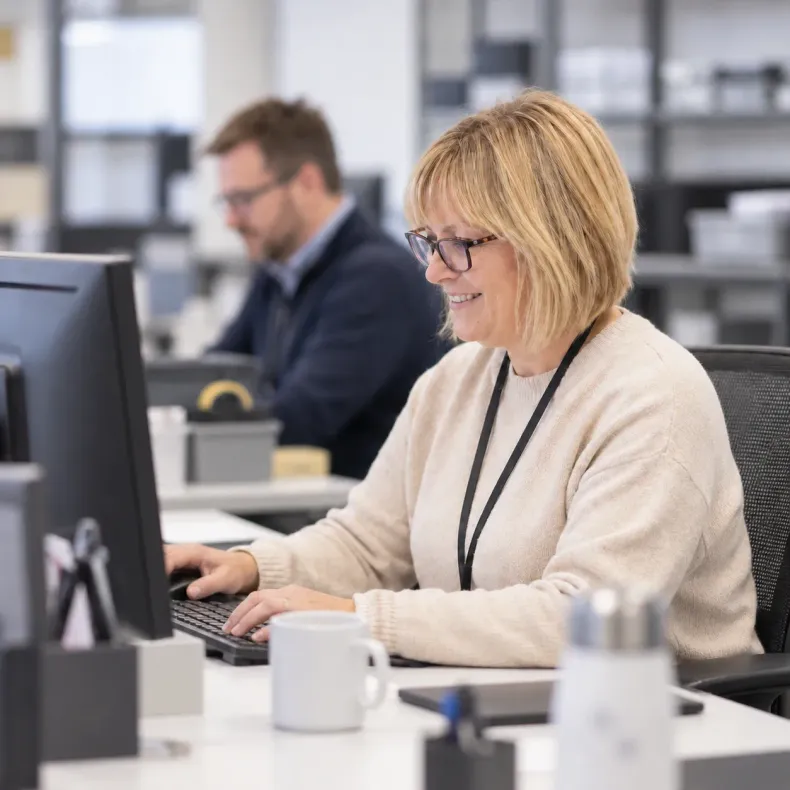 Person working at a desk in a bright office, typing on a keyboard with a monitor and coffee mug nearby