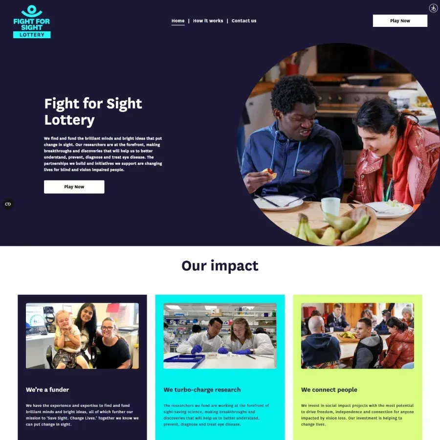 Homepage hero for “Fight for Sight Lottery” with a call-to-play button and impact section below