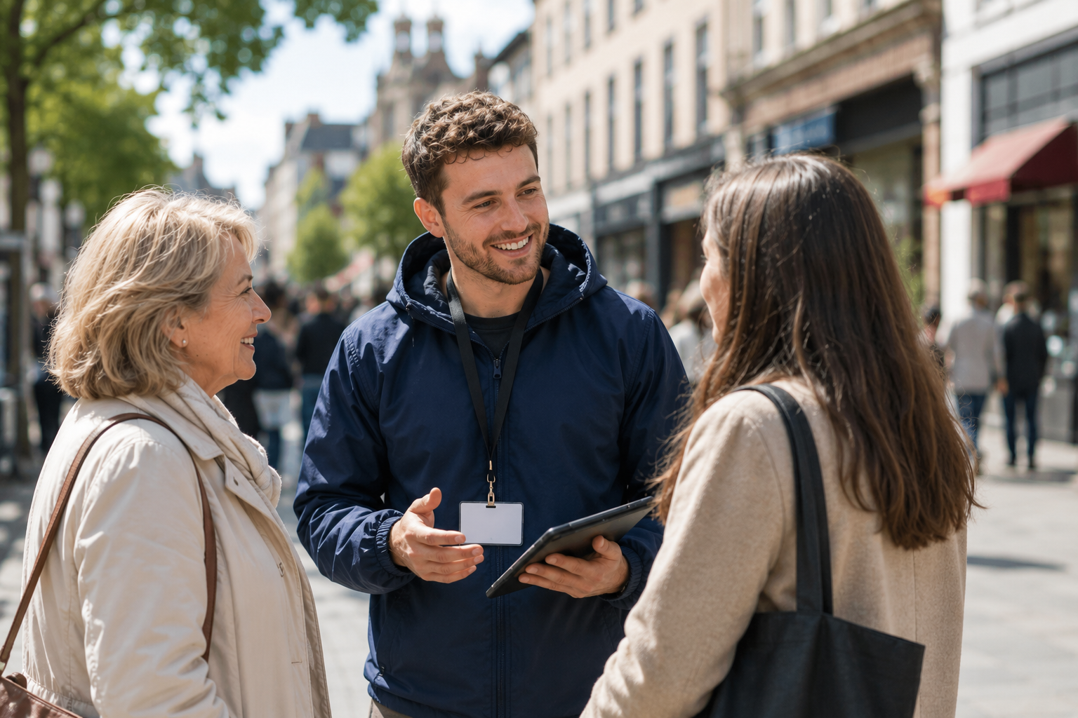 Three people chatting on a city street, one holding a coffee cup and notebook.