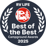 RV Life “Best of the Best” Campground Awards 2025 badge with white laurel wreath on dark blue background