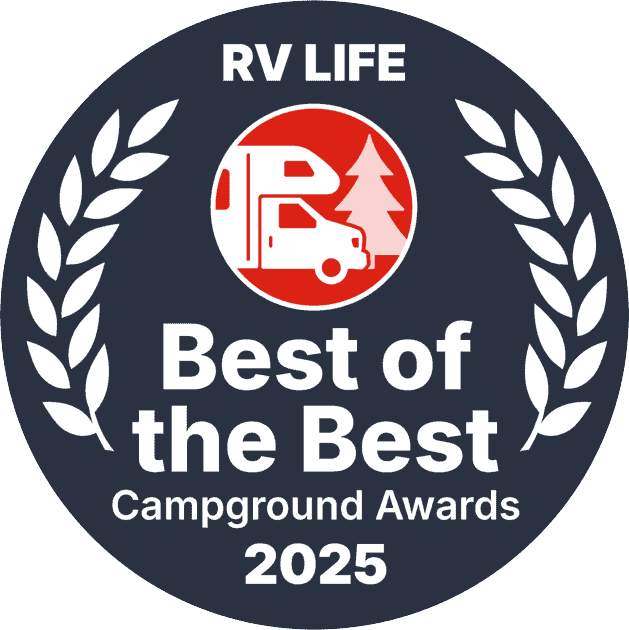 RV Life “Best of the Best” Campground Awards 2025 badge with white laurel wreath on dark blue background