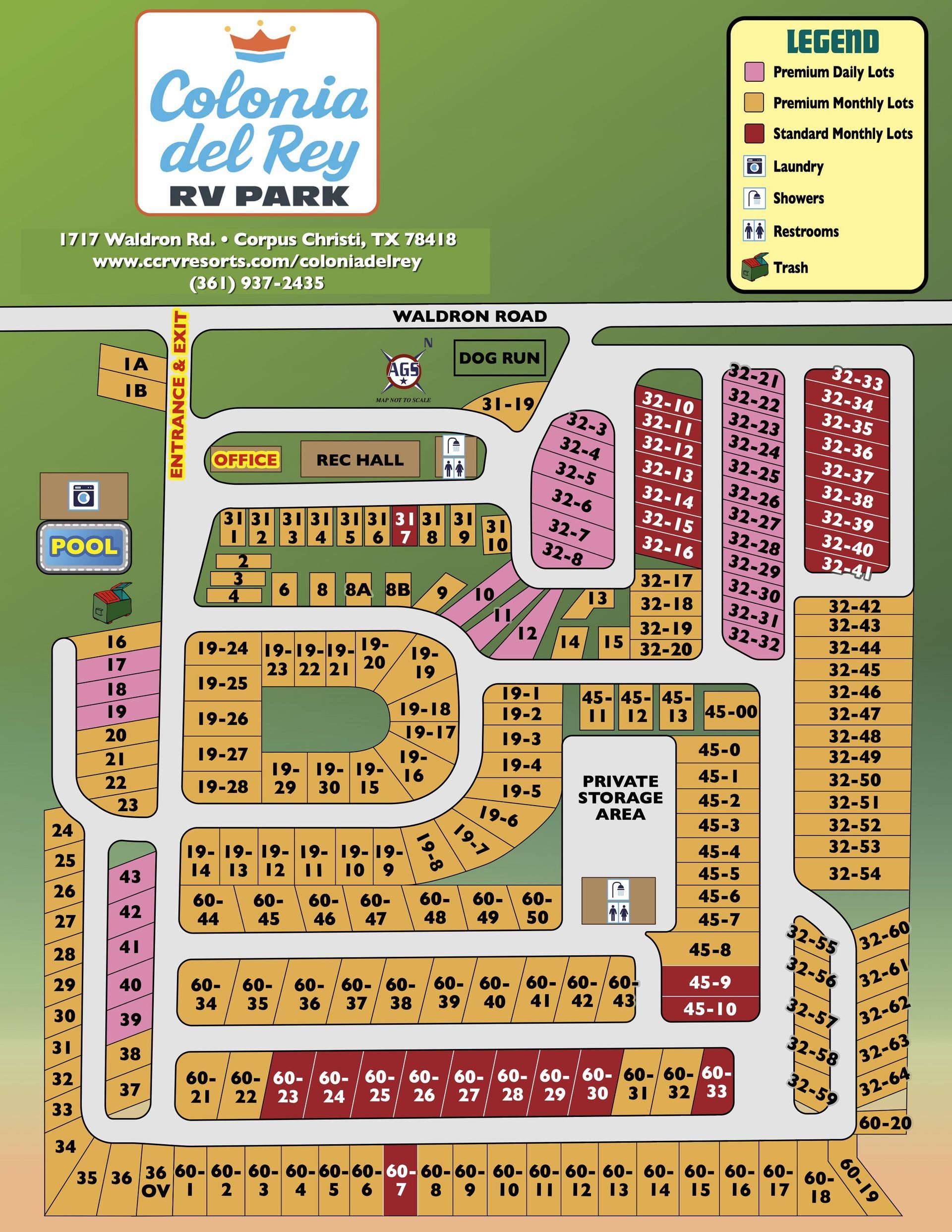 Colorful Colonia del Rey RV Park site map with labeled roads, lots, and amenities