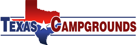 Texas Campgrounds logo with red, white, and blue text and a Texas-shaped star emblem