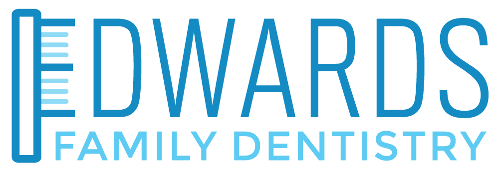 Logo for Edwards Family Dentistry: blue text, toothbrush icon on the left side.