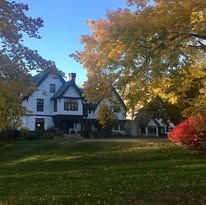 A large white house with a lot of trees in front of it.