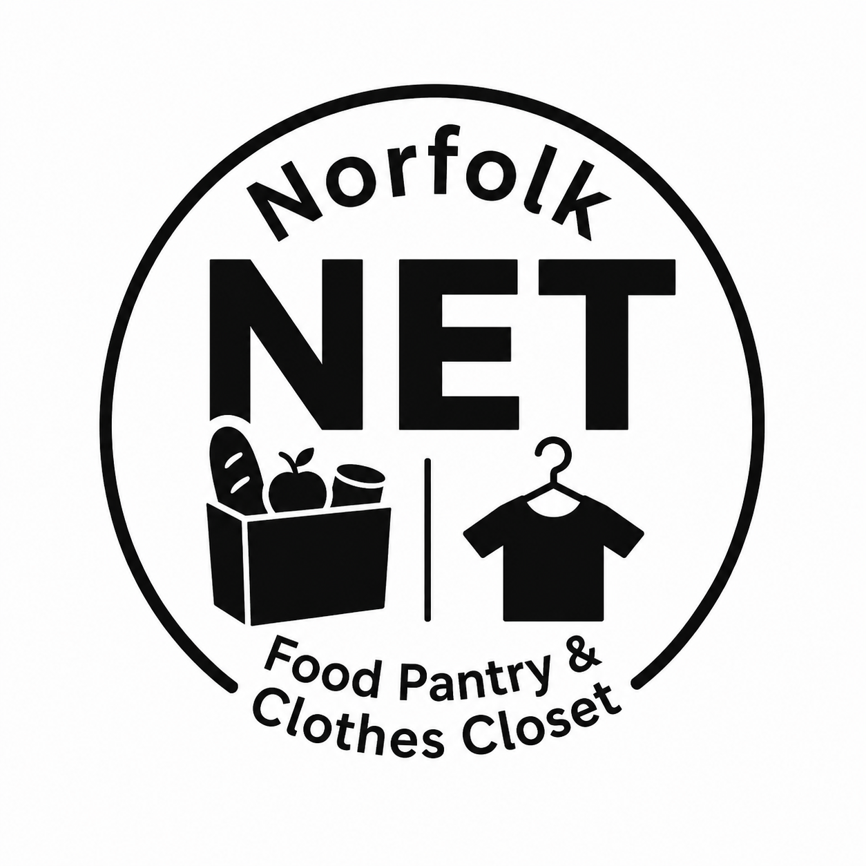 Norfolk NET Food Pantry & Clothes Closet logo in black and white, with food and shirt icons inside a circle