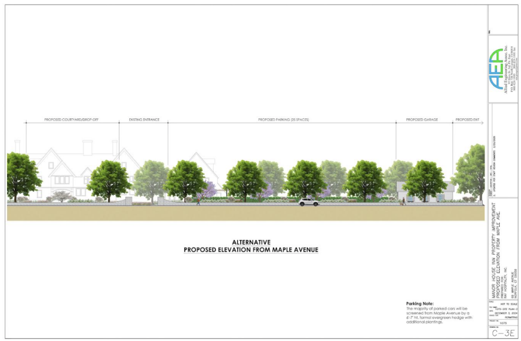 An architectural drawing of a row of trees in front of the Manor House Inn Norfolk