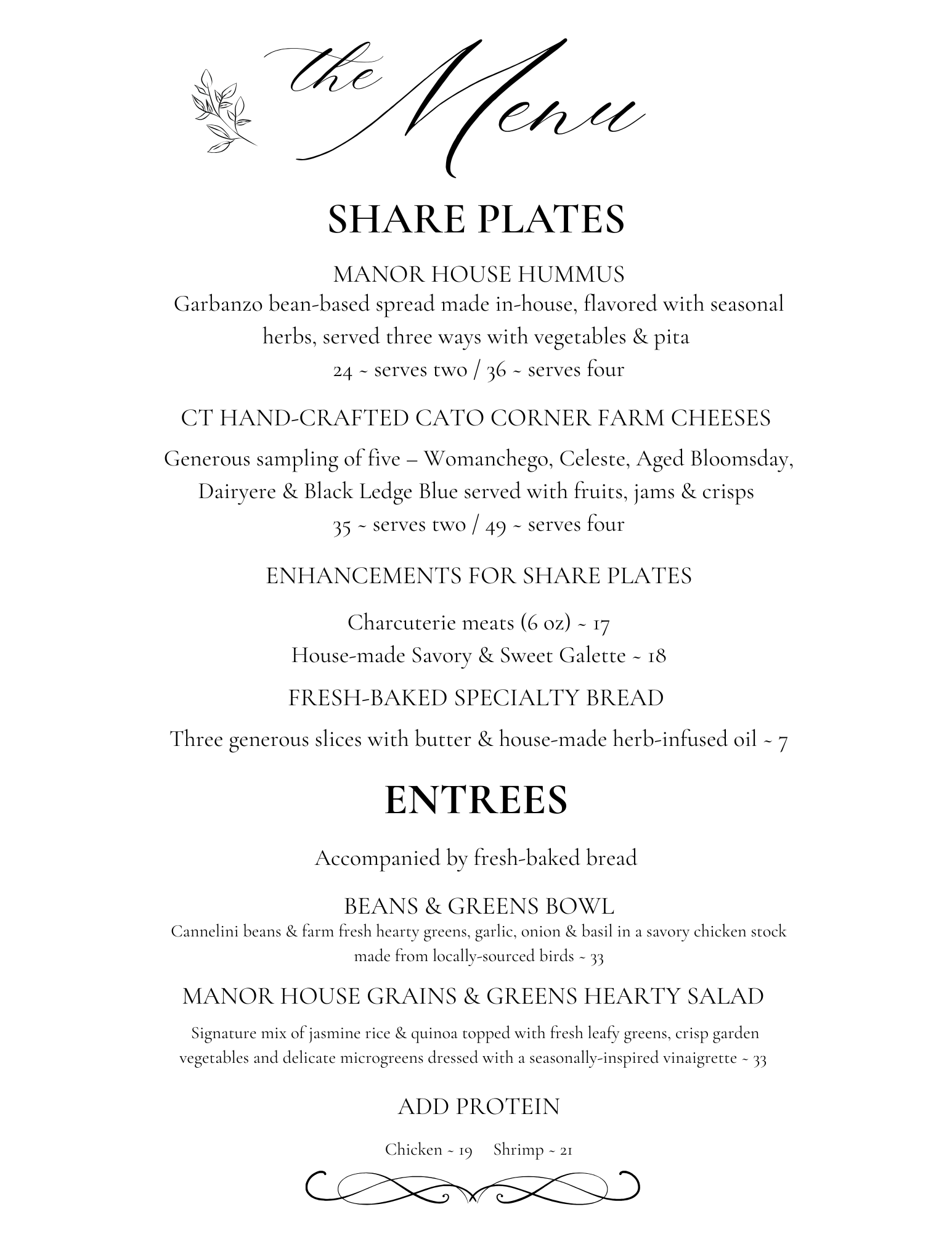 Vintage menu titled “the Menu” with sections for shar plates and entrees on a white background