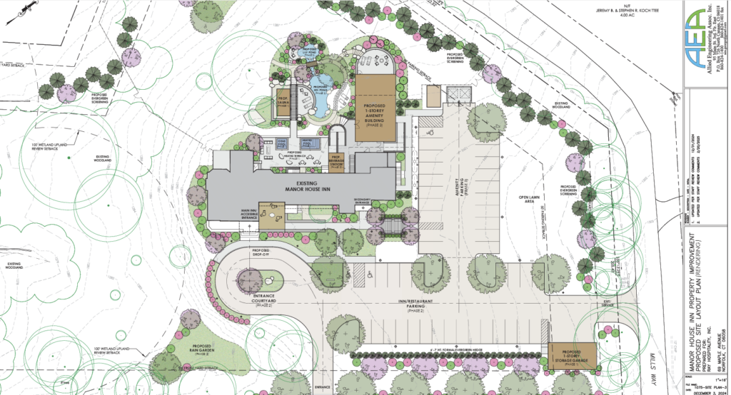 A drawing of a site plan for the Manor House Inn Norfolk with many trees around it.
