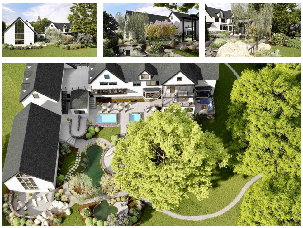 An aerial view of a 3D rendering of a Nordic Spa in Connecticut with a cold plunge, hot tub and sauna. 