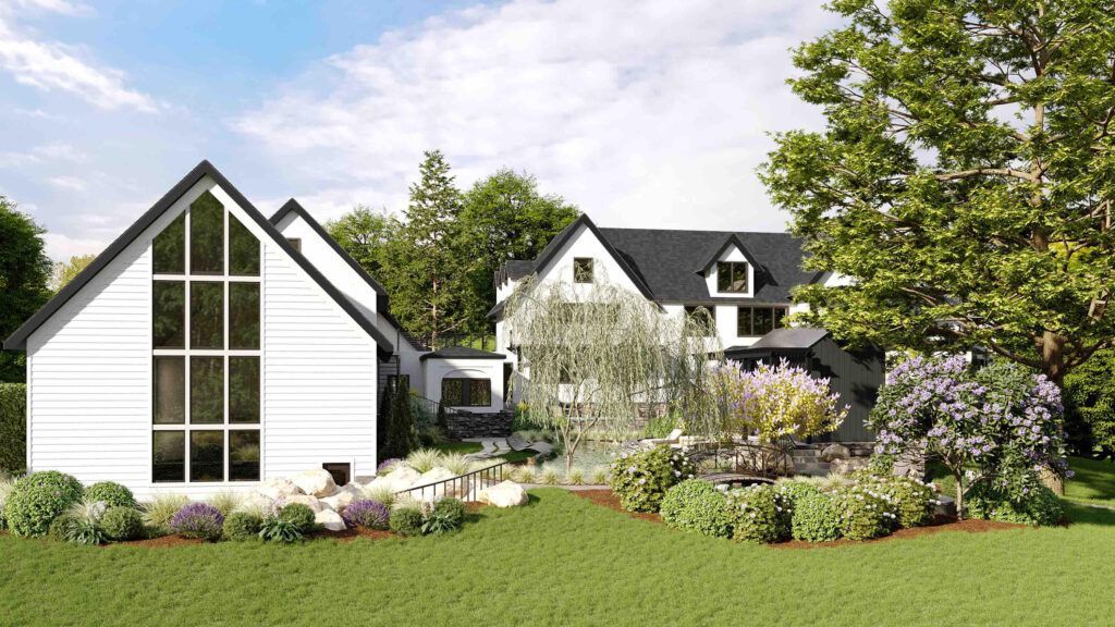 A 3D rendering of a white building with big windows and a black roof is sitting on top of a lush green field.