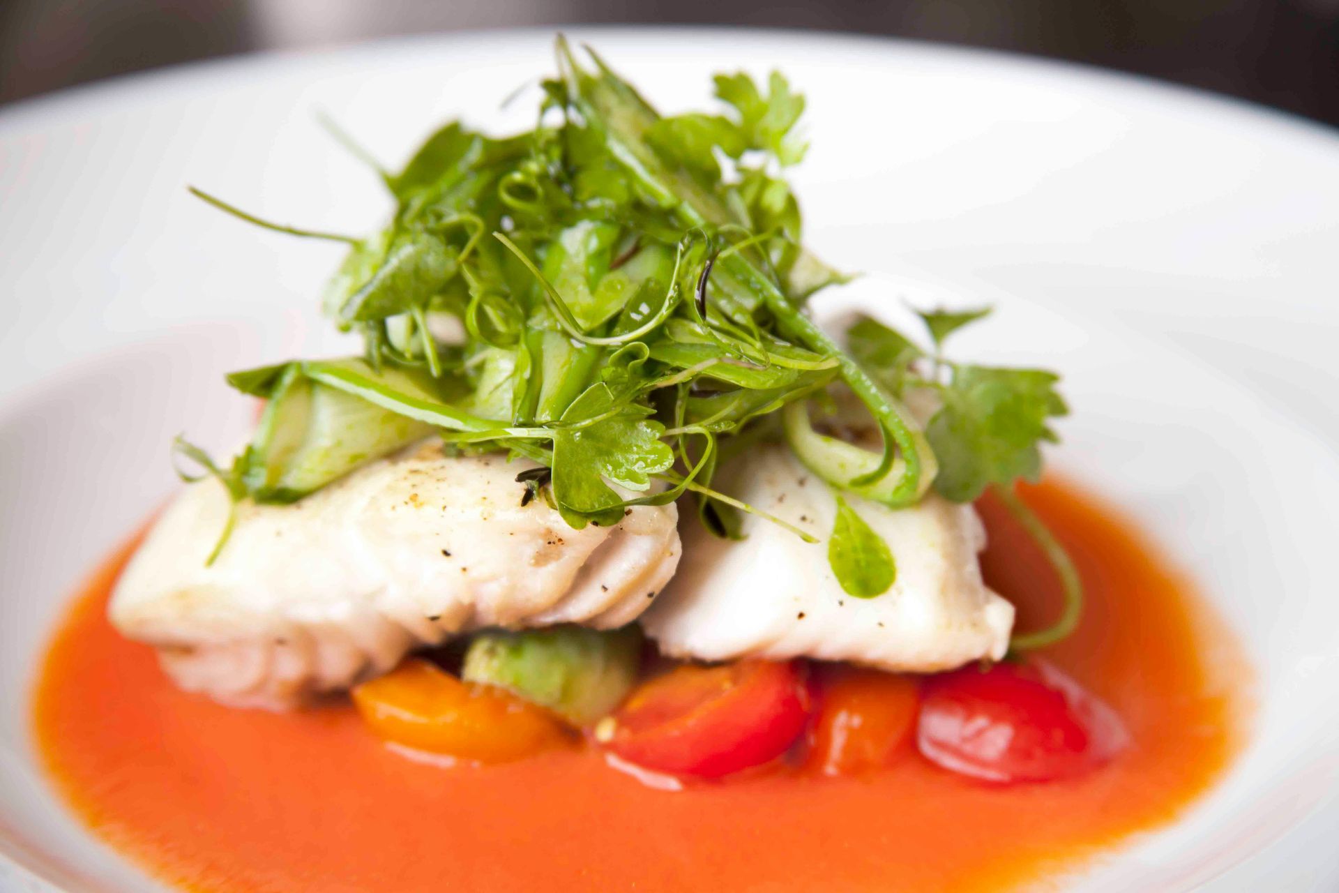 A white plate topped with a piece of fish and vegetables.