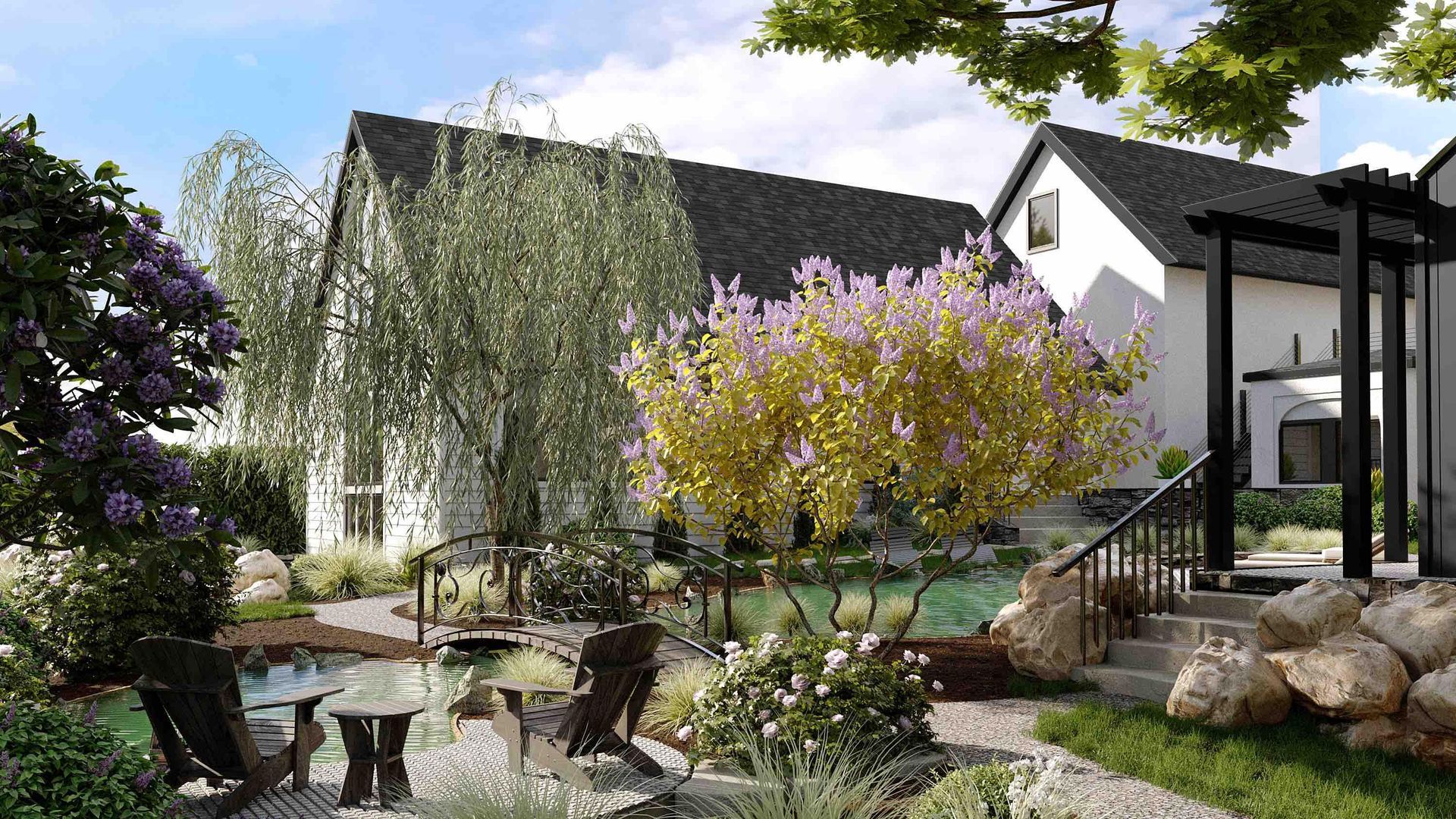 An artist 's impression of a garden with a house in the background.