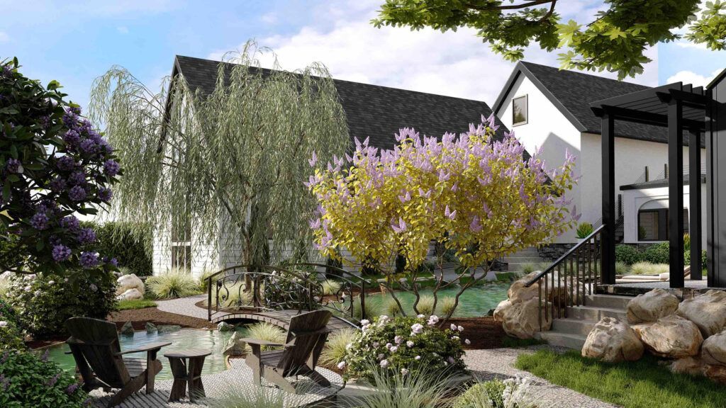 An artist 's impression of a backyard with  a koi pond, lily garden, pools, stone pathways and a house in the background.