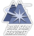 Logo for Blue Star Services featuring a stylized blue star against a backdrop of two mountain peaks with a curved trail.