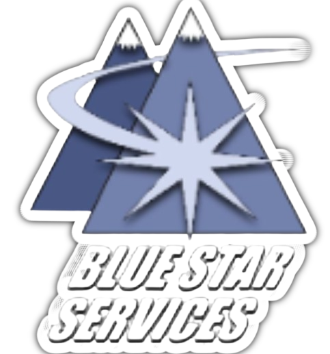 Logo for Blue Star Services featuring a stylized blue star against a backdrop of two mountain peaks with a curved trail.